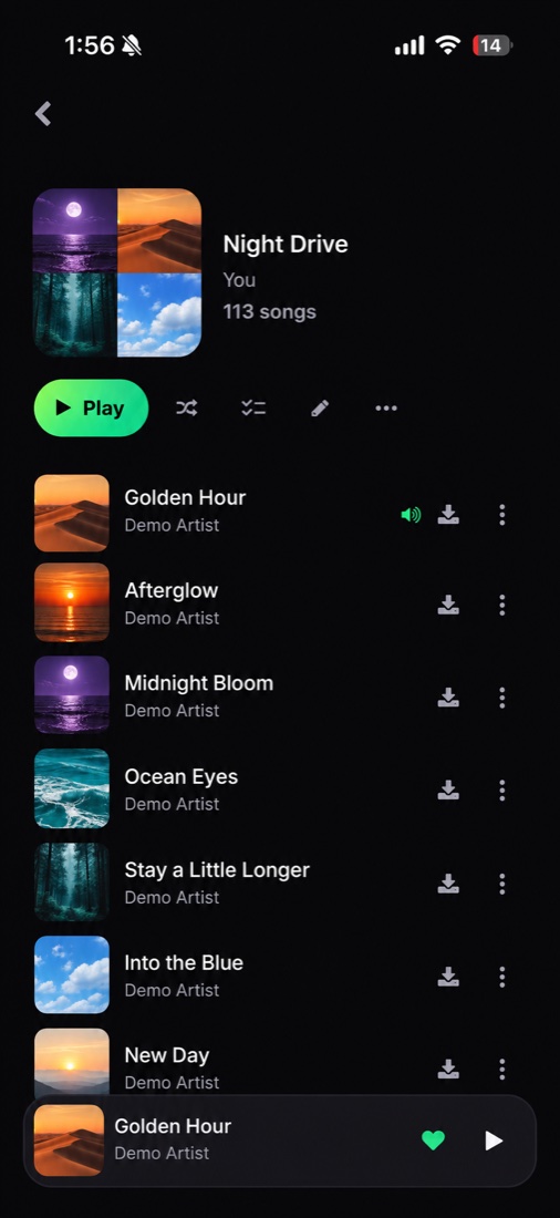 Muzica playlist with fictional demo songs and original artwork
